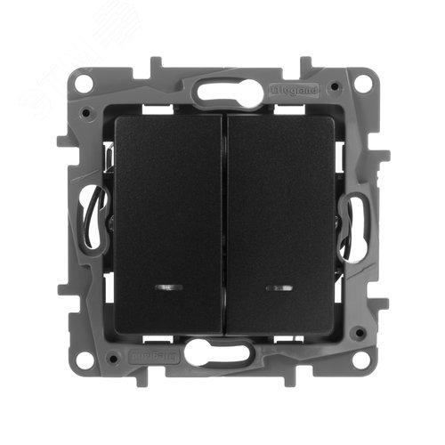 Выключатель 2-клавишный с подсветкой/индикацией 10А безвинтовое крепление антрацит ETIKA 5