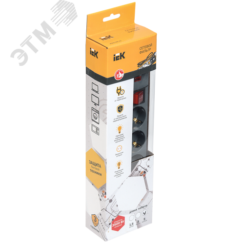 Фильтр сетевой СФ-05К-выключатель 16А 5 мест 3м 3х1мм2 серый 2