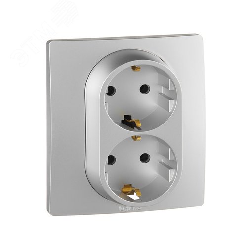 Розетка 2-местная с заземлением без защитных шторок 16А в сборе алюминий ETIKA