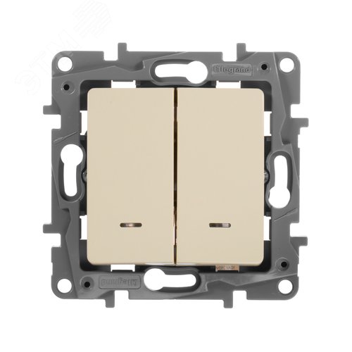 Выключатель 2-клавишный проходной с подсветкой/индикацией 10А безвинтовое крепление слоновая кость ETIKA