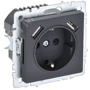 BRITE Розетка с заземлением с защитными шторками 16А с USB A+A 2,1А РЮш10-1-БрГ графит - IEK (ИЭК)