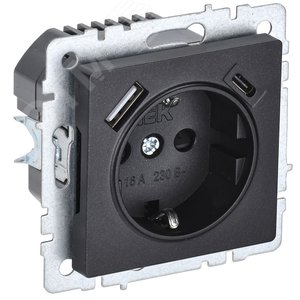 BRITE Розетка с заземлением с защитными шторками 16А с USB A+C 18Вт РЮш11-1-БрЧ черный - IEK (ИЭК)