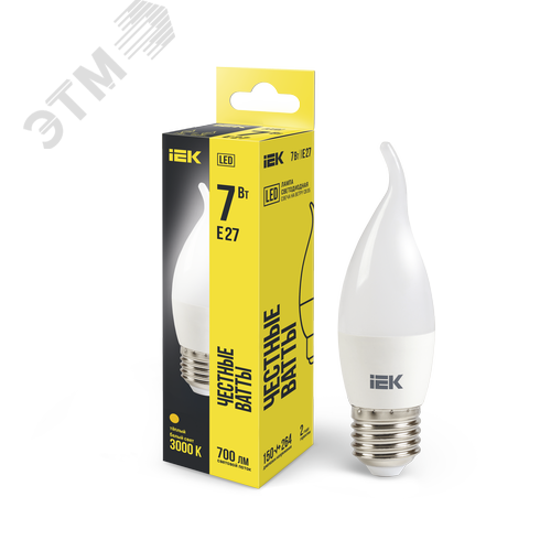 Лампа светодиодная LED 7вт Е27 тепло-белый матовая свеча на ветру ECO