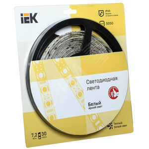 Лента светодиодная LEDх30/м 5м 7.2w/m 12в IP65 теплый белый - IEK (ИЭК)