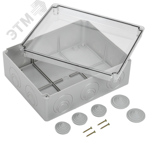 Коробка КМ41276 распаячная для открытой проводки 240х195х90мм IP55 RAL7035 прозрачный красный кабельные вводы 5