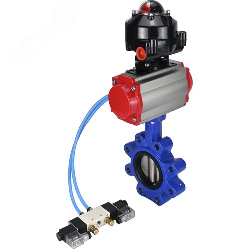 Затвор дисковый поворотный QT450-304-EPDM-2W-Fb-H Ду50 Ру16 корпус чугун QT450, диск нержавеющая сталь 304, уплотнение EPDM, с пневмоприводом DA-065, пневмораспределителем PND1-S2EM-52-2-T10-220VAC и БКВ LSB-510-02ExM12-250 - фото 3