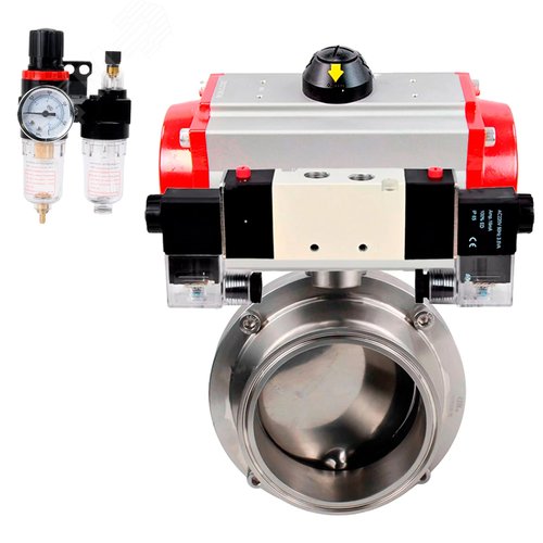 Затвор дисковый поворотный кламповый 304-304-Sil-2W-C-H Ду100 Ру10 корпус пищевая нержавеющая сталь 304, уплотнение – Silicon, с пневмоприводом DA-052, пневмораспределителем PND1-S2EM-52-2-T10-220VAC и БПВ APU1-10-40-V08 - DN.ru