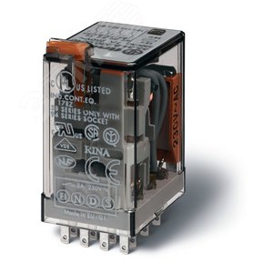 Реле электромеханическое универсальное миниатюрное, монтаж в розетку, 4CO 7A, контакты AgNi+Au, катушка 220B DC, степень защиты RTI, опции: кнопка тест + мех.индикатор