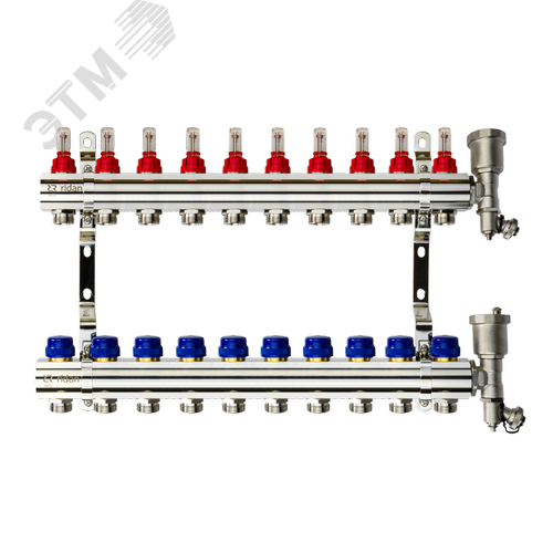 Коллекторная группа FHF-10RF set 10 контуров 1'x3/4' с расходомерами, воздухоотводчиками и кронштейнами - Ridan