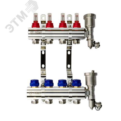 Коллекторная группа FHF-4RF set 4 контура 1'x3/4' с расходомерами, воздухоотводчиками и кронштейнами - Ridan