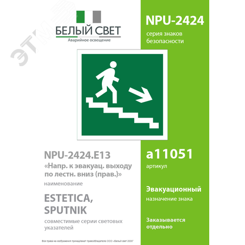 Знак безопасности NPU-2424.E13''Напр. к эвакуац. выходу по лестн. вниз (прав.)'' - фото 2