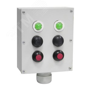 Пост кнопочный ПКУ-15-21-231-54У2 (2*СКЛ11 зеленая/2*КЕ081/2(1з+1р) черная/1*КЕ081/2(1з+1р) красная/1*ПЕ061/1(2з) переключатель на 2 положения/PG-36) (ET055055)