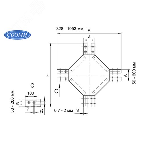 Ответвитель крестообразный 200х100 s 1,0 мм оцинкованный 2
