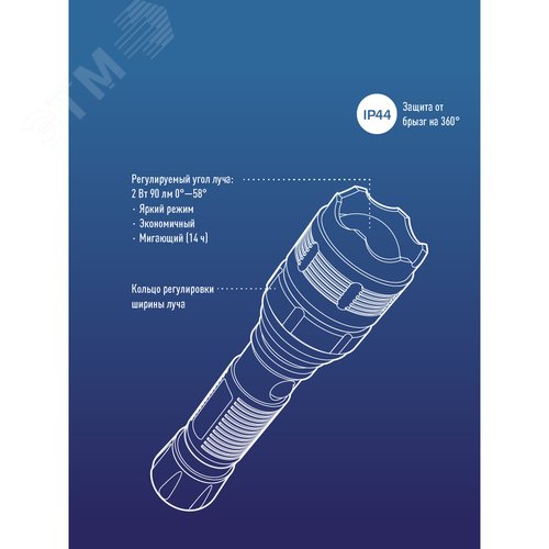 Фонарь ручной 2Вт LED zoom-линза 3xAAA (R03) корпус ABS-пластик ремешок ручной КОСМОС KOC122B - фото 7