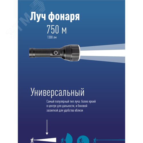 Фонарь аккумуляторный ручной 20Вт LED съемный Li-ion 26650 5000мА.ч Power-bank корпус анодированный алюм. индикатор уровня заряда USB-шнур type C ремешок ручной КОСМОС KOC130Lit - фото 4