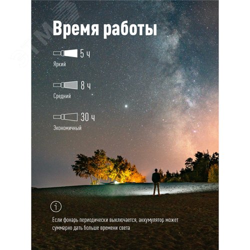 Фонарь аккумуляторный ручной 20Вт LED съемный Li-ion 26650 5000мА.ч Power-bank корпус анодированный алюм. индикатор уровня заряда USB-шнур type C ремешок ручной КОСМОС KOC130Lit - фото 7