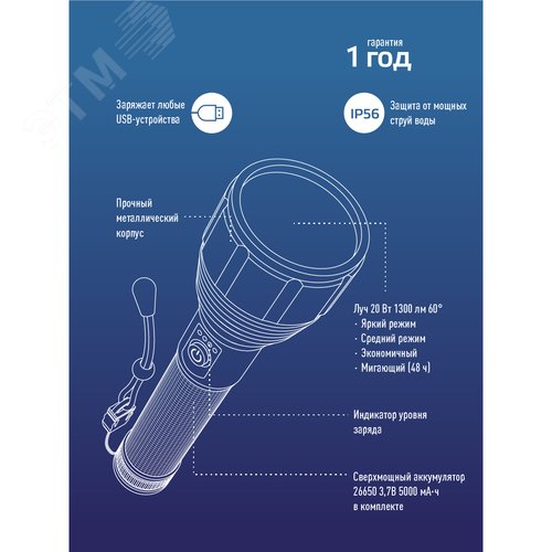 Фонарь аккумуляторный ручной 20Вт LED съемный Li-ion 26650 5000мА.ч Power-bank корпус анодированный алюм. индикатор уровня заряда USB-шнур type C ремешок ручной КОСМОС KOC130Lit - фото 11
