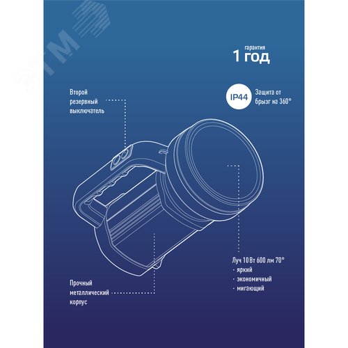 Фонарь-прожектор аккумуляторный ручной 10Вт LED Li-ion 18650 9600мА.ч корпус анодированный алюм. ABS-пластик шнур-адаптер от 220В плечевой ремешок КОСМОС KOC900Lit - фото 7
