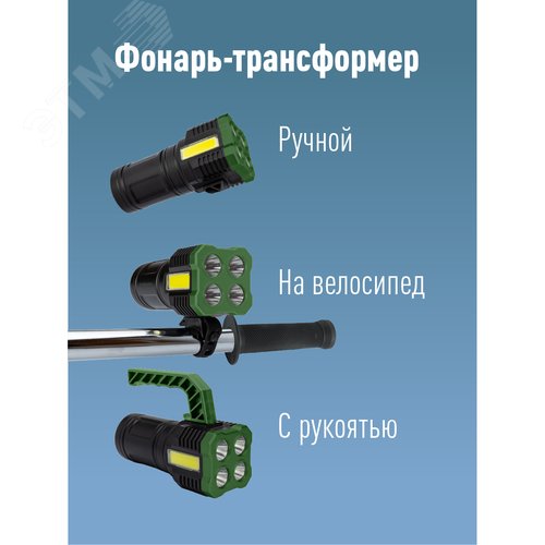 Фонарь-прожектор аккумуляторный ручной 4Вт SMD LED+3Вт COB LED Li-ion 18650 1200мА.ч корпус ABS-пластик индикатор уровня заряда USB-шнур съемные ручка и регул. противоскол. резин. держатель-крепл. для велосипеда КОСМОС KOC902Lit - фото 3