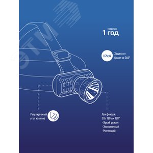 Фонарь налобный аккумуляторный, 3W, аккумулятор 3,7V 1Ah, 180Лм, 6 часов - фото 6