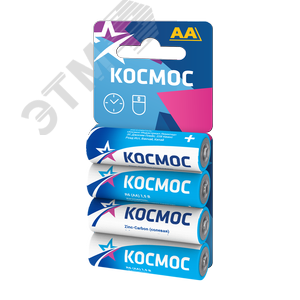 Батарейка R6 (АА) 1.5V Zinc carbon 4BL в шринке - КОСМОС