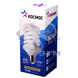 Лампа энергосберегающая КЛЛ 35/827 E27 D60х145 спираль (LKsmSPC35wE2727) - КОСМОС