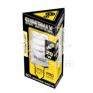 Лампа энергосберегающая КЛЛ 20/827 E27 D43х100 спираль SuperMax - КОСМОС
