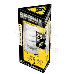 Лампа энергосберегающая КЛЛ 25/827 E27 D49х117 спираль SuperMax - КОСМОС
