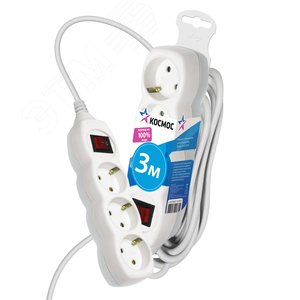Удлинитель 3м, 3гн. земля, выключатель ПВС 1мм2 - КОСМОС