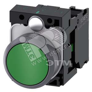 3SU1130-0AB40-1BA0 КНОПКА, 22MM, КРУГЛАЯ, ПЛАСТИК С МЕТАЛЛИЧЕСКИМ ФРОНТАЛЬНЫМ КОЛЬЦОМ, ЗЕЛЁНАЯ, ПЛОС