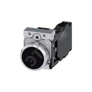 3SU1150-0AB10-1FA0 Кнопка, 22мм, круглая, металлическая глянцевая, чёрная, плоская кнопка, контакты