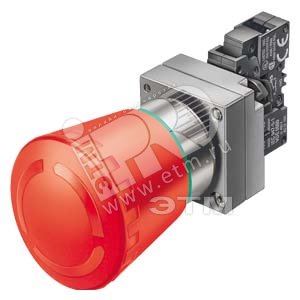 22MM METAL ROUND COMPLETE UNIT COMBINATION: EMERGEN.-STOP MUSHR.PUSHB. 40MM LATCH. C ROT.-TO-UNLATCH MECH. WITH YELLOW BACKING PLATE SCREW TERMINAL, 1NO+1NC WITH HOLDER RED INSCRIPTION: NOT-HALT - SIEMENS