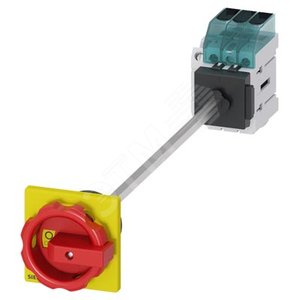 Выключатель главный трехполюсный, IU 25A рабочая коммутация при AC-23 A при 400В 9,0кВт панель установка базовая установка в дверь с центральным отверстием 22,5мм поворотная ручка красный/желтый 66 x66мм с дополнительным контактом 1NO+1NC (3LD3148-1TK53)