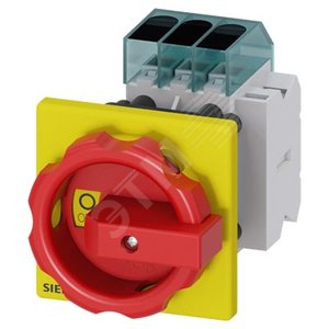 Выключатель главный трехполюсный, IU 32A рабочая коммутация при AC-23 A при 400В 11,5кВт фронт установка базовая установка с центральным отверстием 22,5мм поворотная ручка красный/желтый 66 x66мм с дополнительным контактом 1NO+1NC