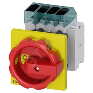 Выключатель главный трехполюсный + N, lu 25A рабочая коммутация при AC-23 A при 400В 9,0кВт фронт установка базовая установка с центральным отверстием 22,5мм ручка черный красный/желтый 66 x66мм с дополнительным контактом 1NO+1NC
