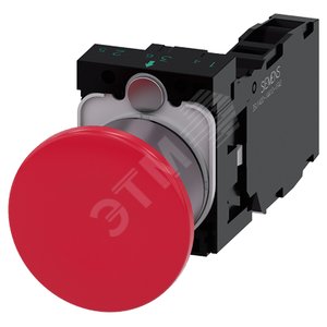 Кнопка грибовидная, 22мм, круглая, пластик с металлическим фронтальным кольцом, красная, 40мм, с фиксацией, деблокировка вытягиванием, с держателем, 1NO+1NC, винтовые клеммы
