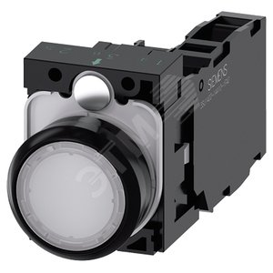 Кнопка с подсветкой, 22мм, круглая, пластик, белая, плоская кнопка, контакты мгновенного действия, с держателем, 1NO+1NC, модуль подсветки с интегрированным светодиодом 230V AC, винтовые клеммы