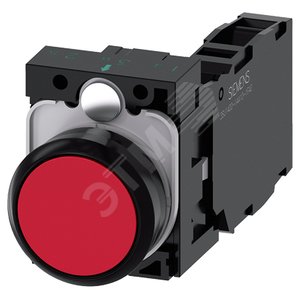 Кнопка, 22мм, круглая, пластик, красная, плоская кнопка, контакты мгновенного действия, с держателем 1NO+1NC, винтовые клеммы,