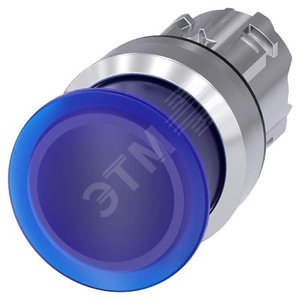 Кнопка грибовидная нажимная с подсветкой, 22 мм, круглая, металл, глянцевая, цвет - синий, 30 мм, мо