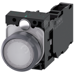 Кнопка с подсветкой, 22мм, круглая, пластик с металлическим фронтальным кольцом, белая, плоская кноп