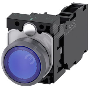 Кнопка с подсветкой, 22мм, круглая, пластик с металлическим фронтальным кольцом, синяя, плоская кноп