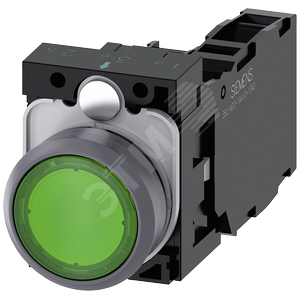 Кнопка с подсветкой, 22мм, круглая, пластик с металлическим фронтальным кольцом, зеленая, плоская кнопка, контакты мгновенного действия, с держателем, 1NO+1NC, модуль подсветки с интегрированным светодиодом 110V AC, винтовые клеммы