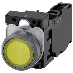 Кнопка с подсветкой, 22мм, круглая, пластик с металлическим фронтальным кольцом, желтая, плоская кнопка, контакты мгновенного действия, с держателем, 1NO+1NC, модуль подсветки с интегрированным светодиодом 24V AC/DC, винтовые клеммы