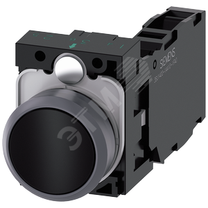 Кнопка, 22мм, круглая, пластик с металлическим фронтальным кольцом, черная, плоская кнопка, контакты