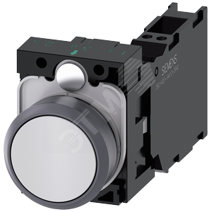 Кнопка, 22мм, круглая, пластик с металлическим фронтальным кольцом, белая, плоская кнопка, контакты