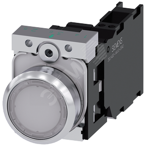 Кнопка с подсветкой, 22мм, круглая, металлическая глянцевая, белая, плоская кнопка, контакты мгновенного действия, с держателем, 1NO+1NC, модуль подсветки с интегрированным светодиодом 24V AC/DC, пружинные клеммы