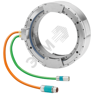 Статор SIMOTICS T external cooling jacket. tangential cable outlet. power cable 0.5m with connector size 1. signal cable 0.5 m with M17 connector. Diameter 385 mm. Length 110 mm. max. torque 710Nm. max. speed 230rpm. max. current 44A eff. when u