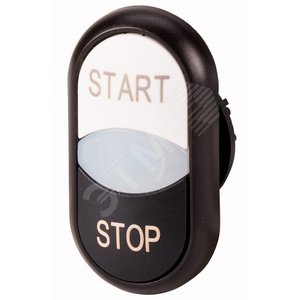 Двойная кнопка с сигнальной лампой с обозначением START, STOP, цвет белый/черный, черное лицевое кольцо,  M22S-DDL-WS-GB1/GB0 - EATON