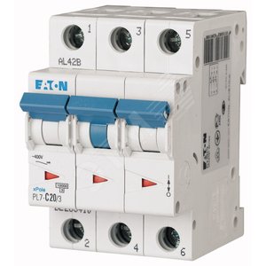 Выключатель автоматический 20А кривая отключения C 3 полюса отключающая способность 10 кА PL7-C20/3 (263410)