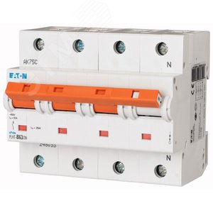 PLHT-D63/3N Автоматический выключатель 63А, кривая отключения D, 3+N полюса, откл. способность 25 кА - EATON